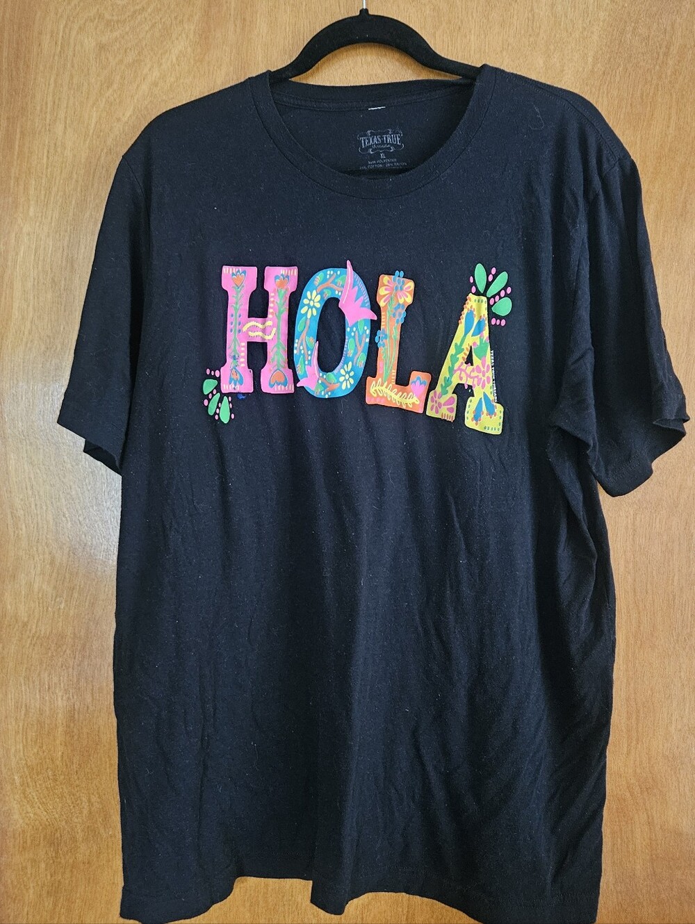 Black 'HOLA' Short Sleeve Tee with Colorful Lettering